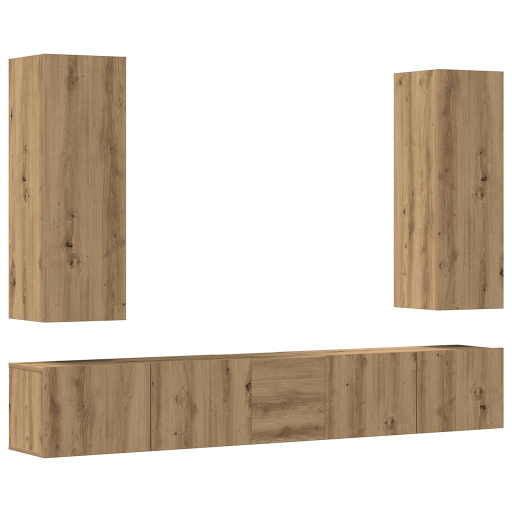 Mobili TV a Parete 5 pz Rovere Artigianale in Legno Multistrato