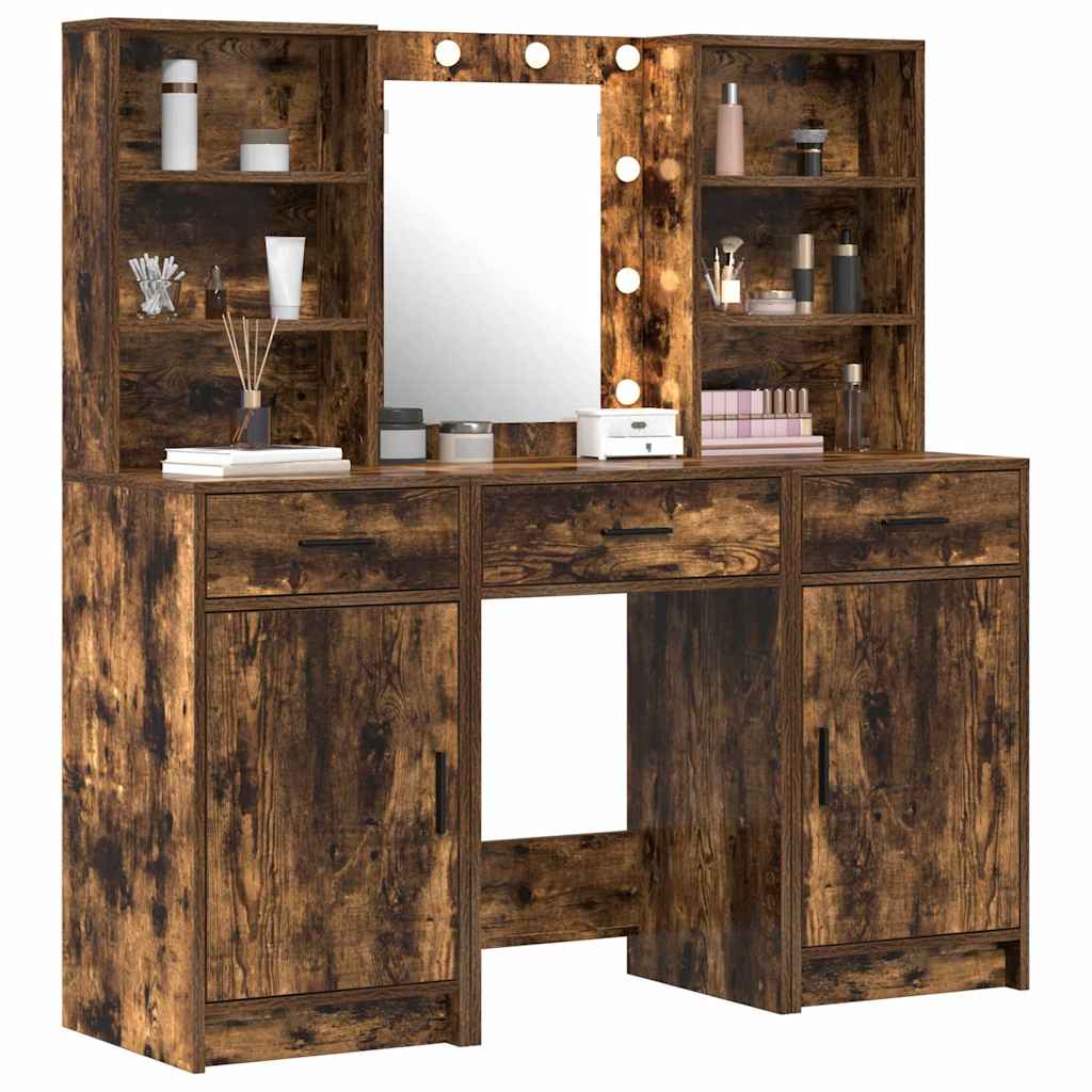 Set da tavolo da trucco con LED con cassetto 3 pcs Rovere fumé