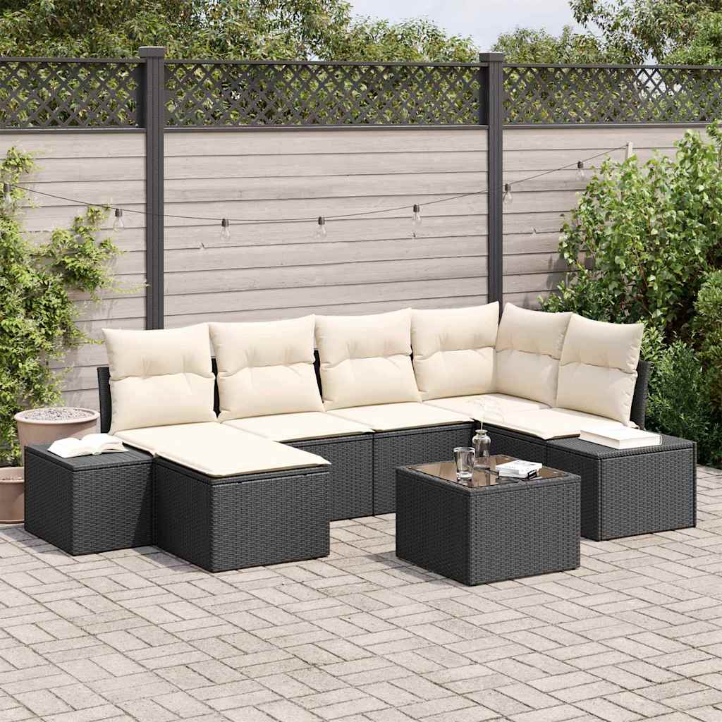 Set Divano da Giardino 7 pcs Nero e Crema Poly Rattan