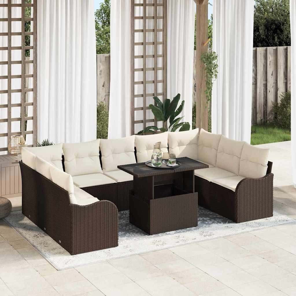 Set Divano da Giardino con cuscino 10 pcs Marrone Poly Rattan