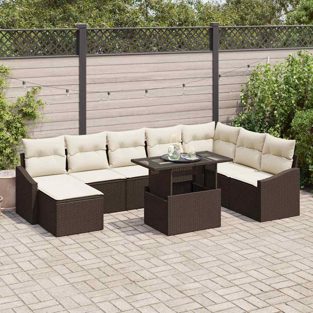 Set di divani con cuscino 9 pcs Marrone e Crema polyrattan