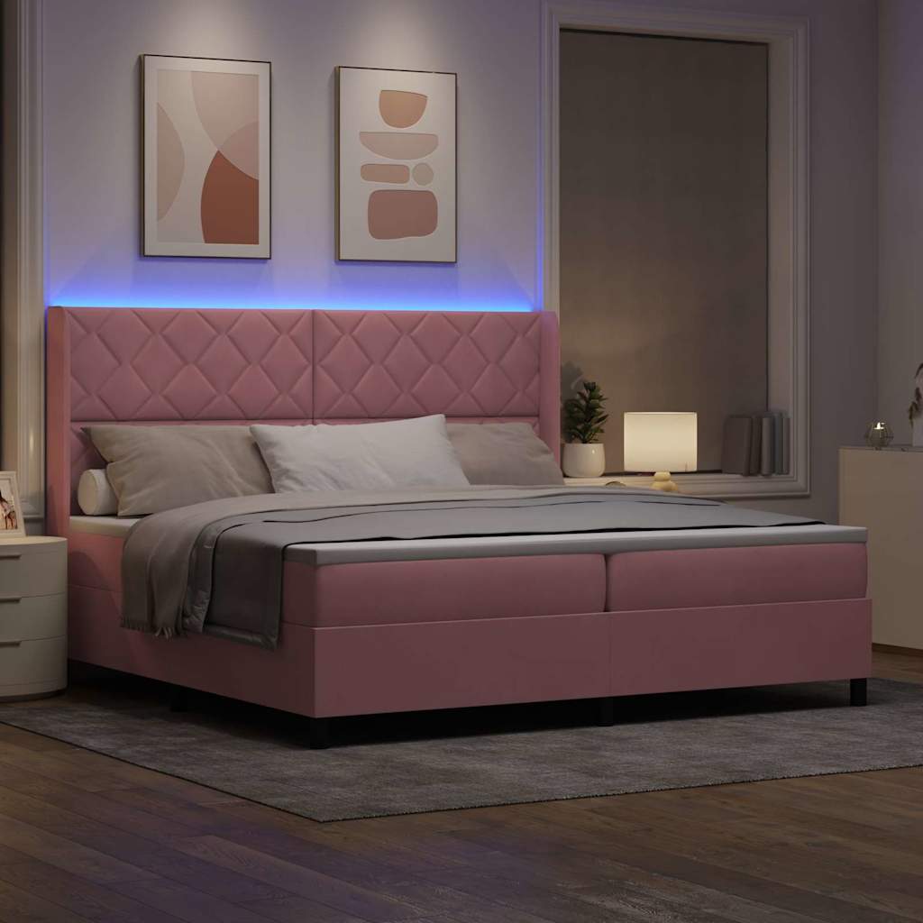 Letto a molle con materasso con led Rosa 200 x 200 cm Velluto