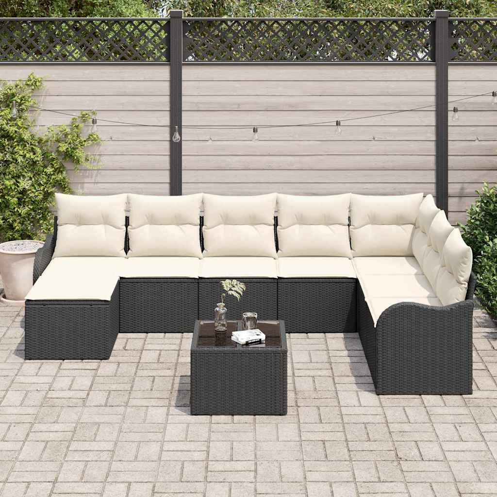 Set Divano da Giardino 9 pcs Nero e bianco Poly Rattan