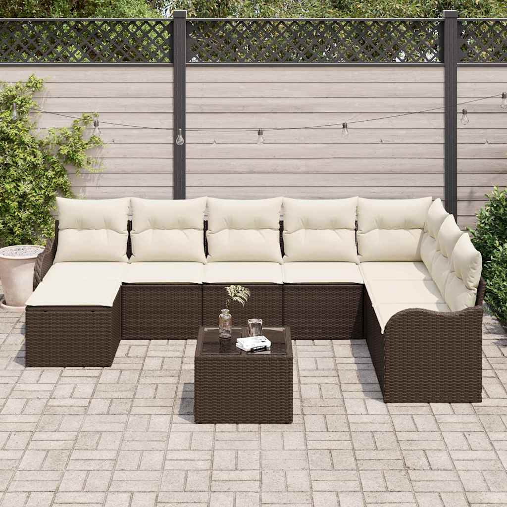 Set Divano da Giardino 9 pcs Marrone e bianco Poly Rattan