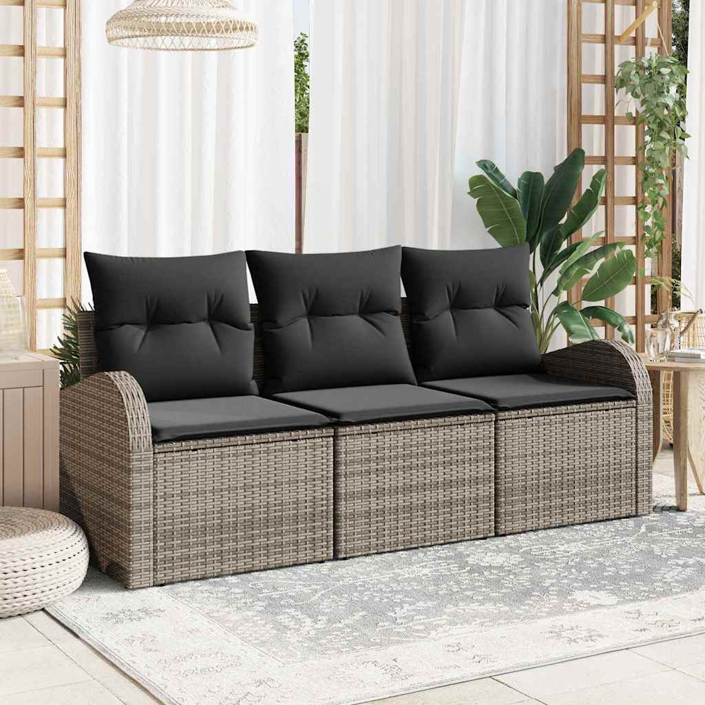 Set Divano da Giardino con cuscino 3 pcs Grigio Poly Rattan