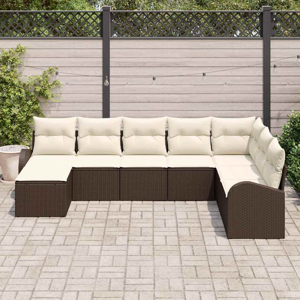 Set di divani con cuscino 8 pcs Marrone e bianco polyrattan