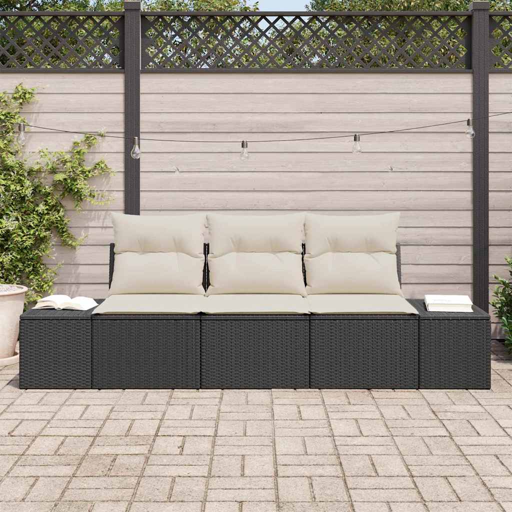 Set Divano da Giardino 3 pcs Nero e Crema polyrattan