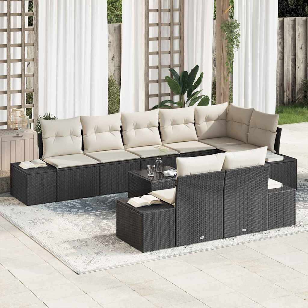 Set Divano da Giardino Nero e Crema Poly Rattan