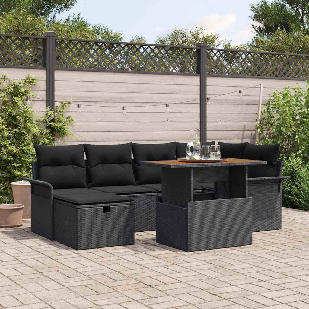 Set Divano da Giardino con cuscino 7 pcs Nero polyrattan