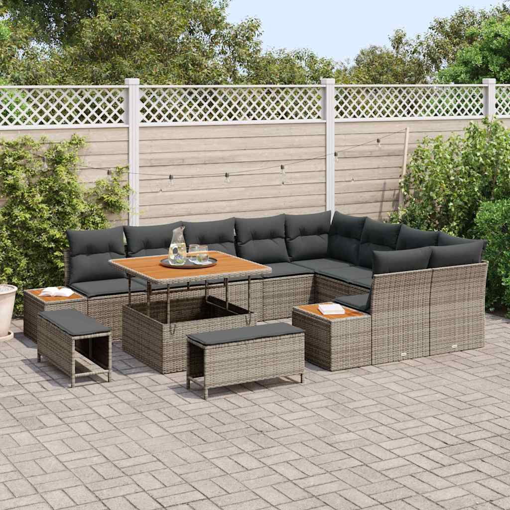 Set Divano da Giardino con cuscino 12 pcs Grigio Poly Rattan