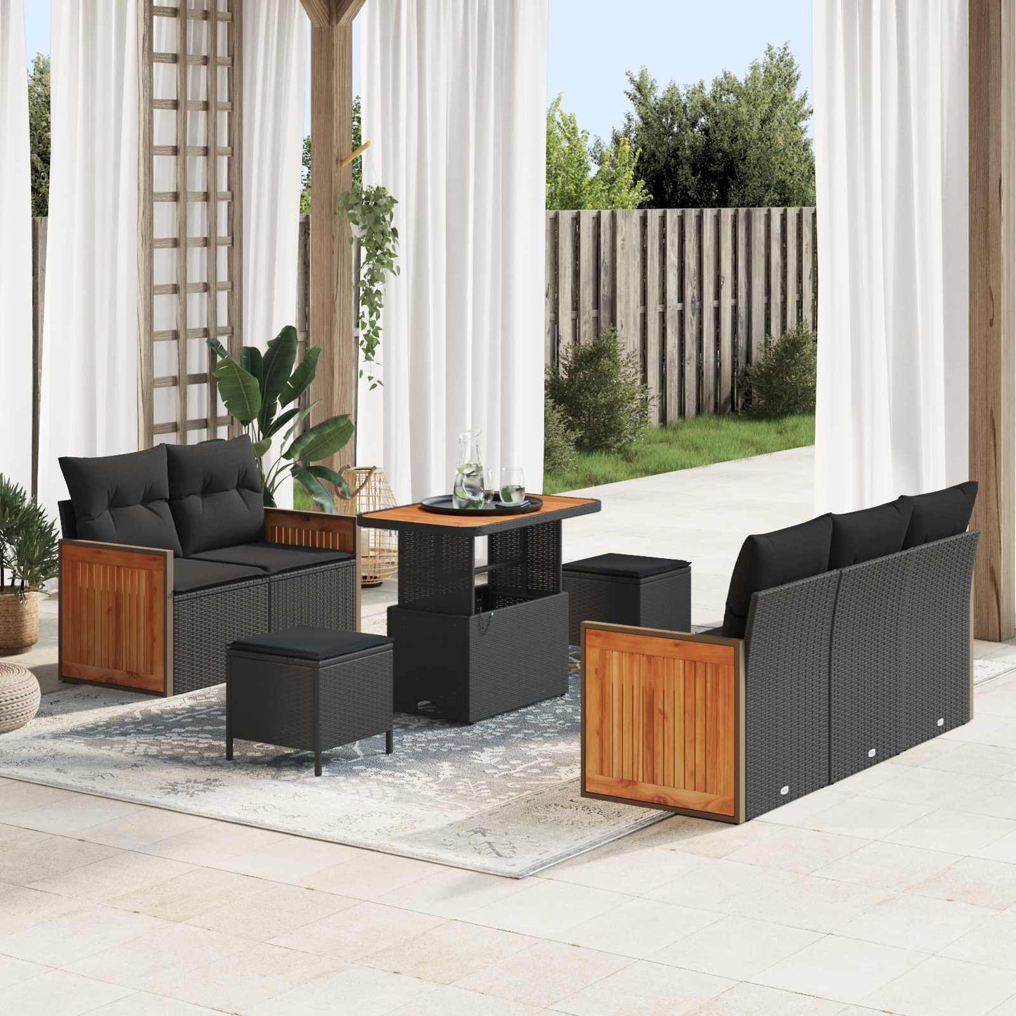 Set Divano da Giardino con cuscino 10 pcs Nero polyrattan