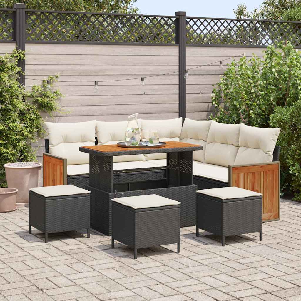 Set Divano da Giardino 9 pcs Nero e Crema polyrattan
