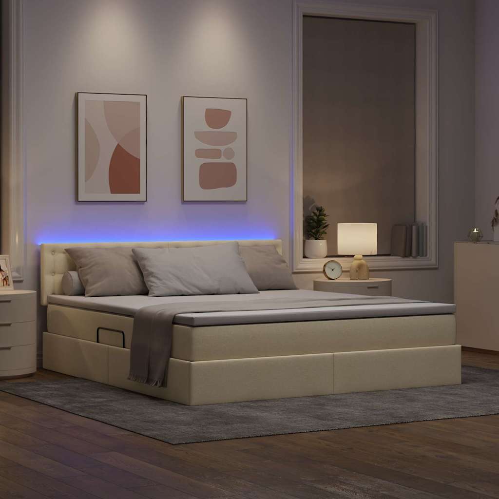 Letto con contenitore e LED con led Crema 180 x 200 cm Tessuto