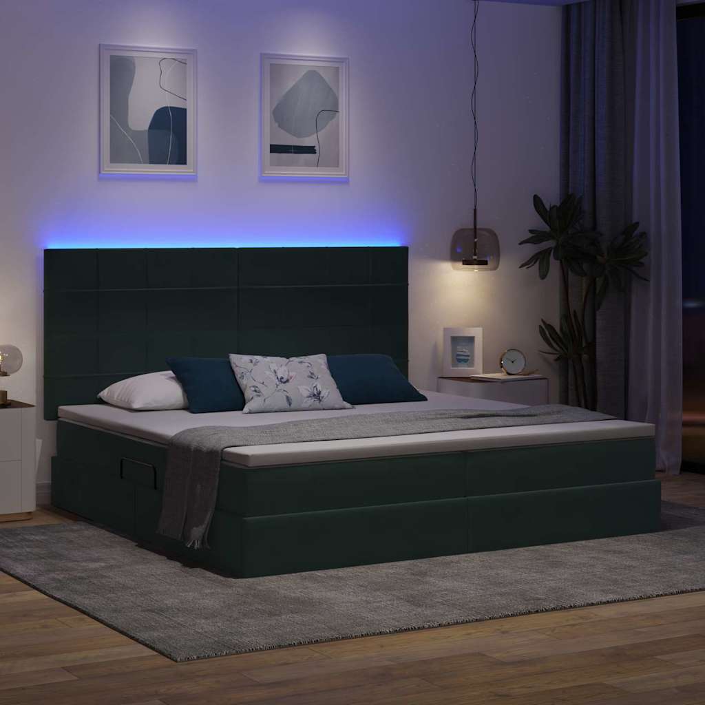 Letto con contenitore e LED Verde Scuro 200 x 200 cm Velluto
