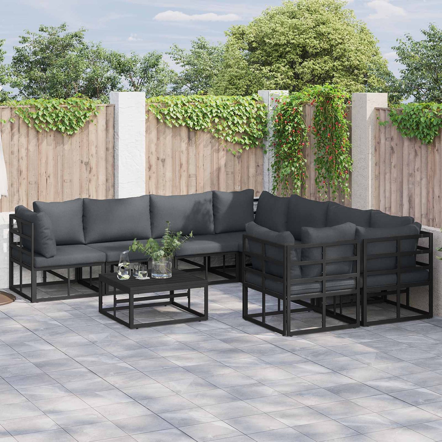 Set Divano da Giardino con cuscino 9 pcs Nero Acciaio