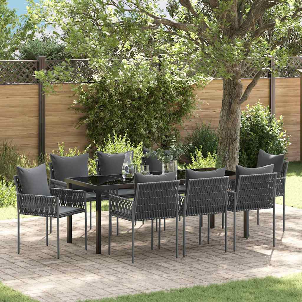 Set da Pranzo per Giardino 9 pcs Nero e Grigio Rattan in PE