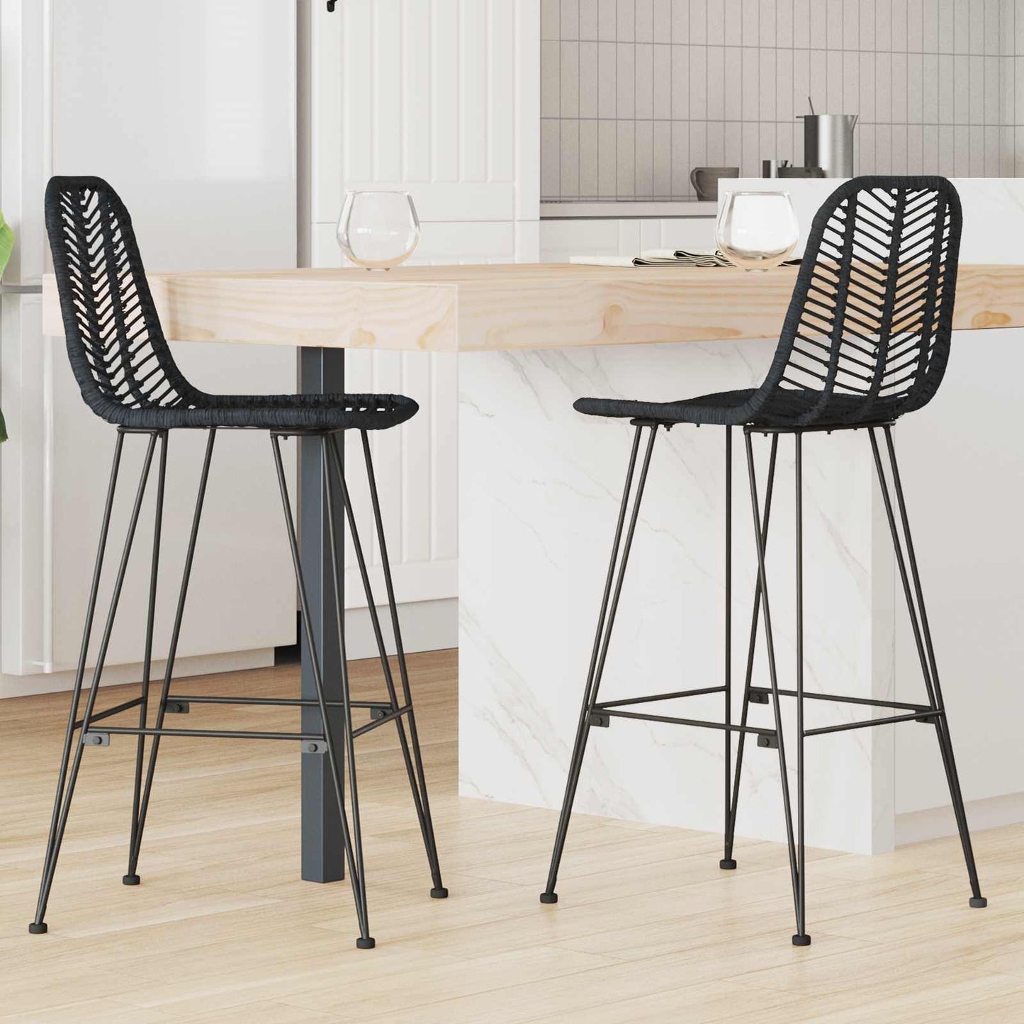 Sedia da Bar 2 pcs Nero 44,5 x 53 x 111 cm Rattan e Ferro