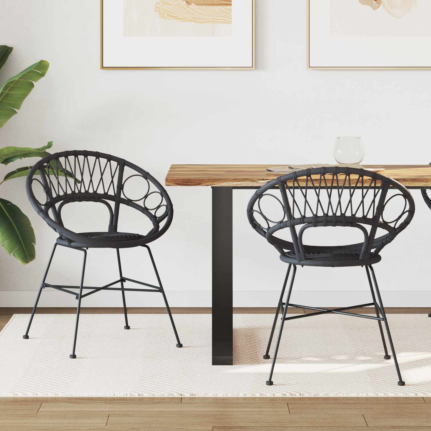Sedia da pranzo 2 pcs Nero 49 x 51 x 81 cm Rattan e Ferro