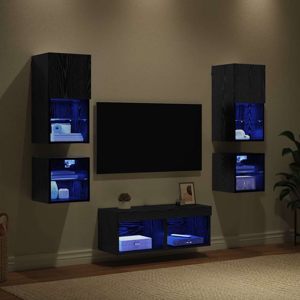 Unità per TV a Muro 8 pcs Rovere Nero Legno multistrato