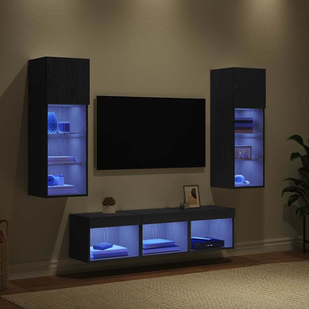 Unitàper TV a Muro 5 pcs Rovere Nero Legno multistrato