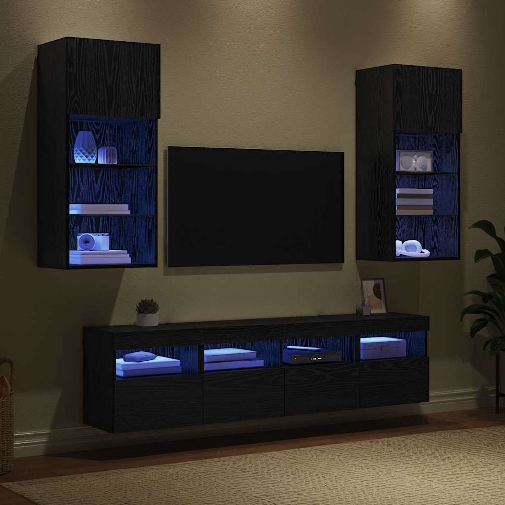 Unitàa muro per TV con LED 5 pcs Rovere Nero 40,5 x 30 x 90 cm