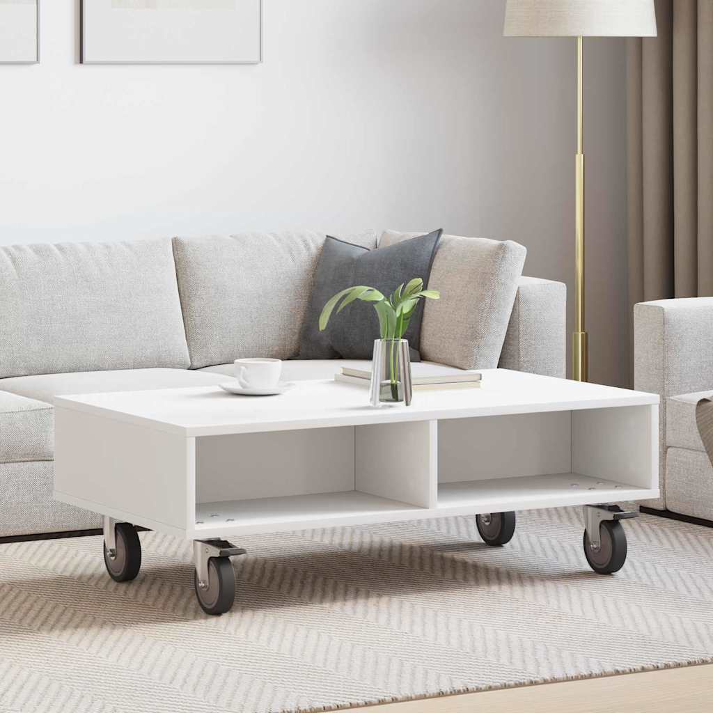 Tavolino con Ruote Bianco 90 x 50 x 30 cm Legno multistrato