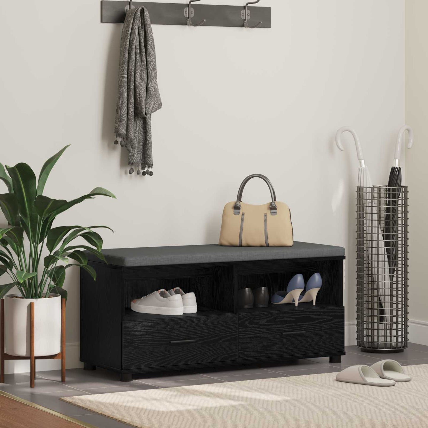 Panca per ingresso con cuscino Rovere Nero 100 x 38 x 46 cm
