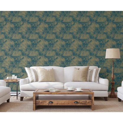 DUTCH WALLCOVERINGS Carta da Parati "Tropical" Blu Scuro e Oro