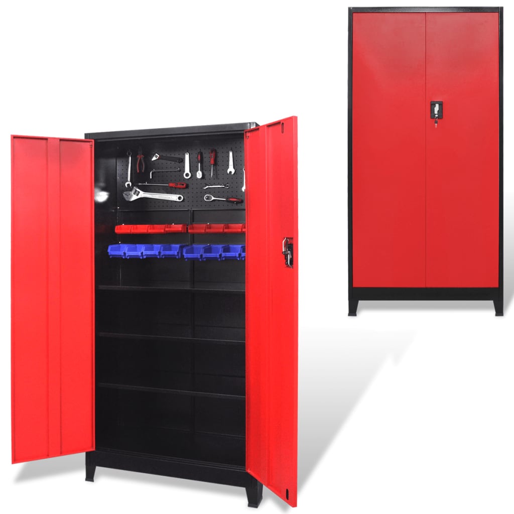 Armadio Portautensili 2 Ante Acciaio 90x40x180 cm Nero e Rosso