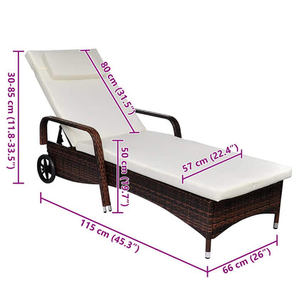 Lettino Prendisole con Cuscino e Ruote in Polyrattan Marrone