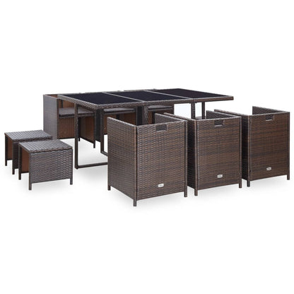 Set da Pranzo da Giardino 11 pz con Cuscini Polyrattan Marrone