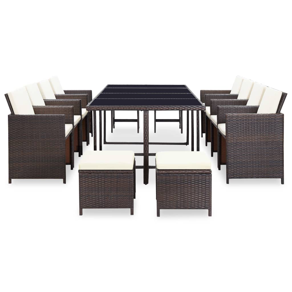 Set da Pranzo da Giardino 13 pz con Cuscini Polyrattan Marrone