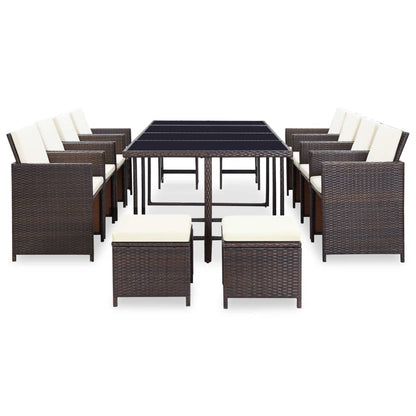 Set da Pranzo da Giardino 13 pz con Cuscini Polyrattan Marrone