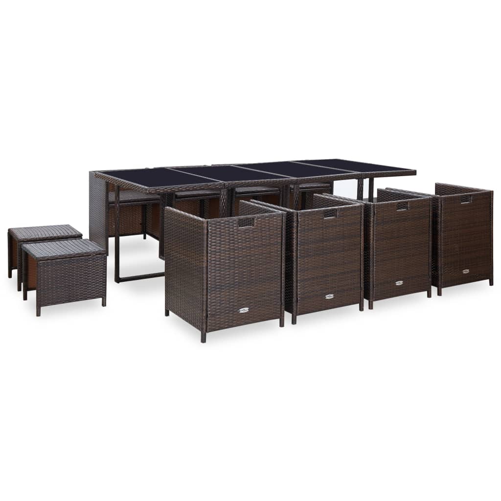 Set da Pranzo da Giardino 13 pz con Cuscini Polyrattan Marrone