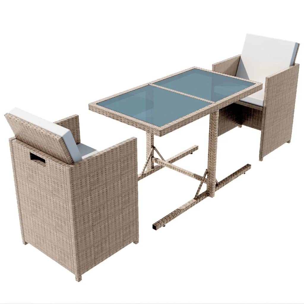 Set da Bistrot 3 pz con Cuscini in Polyrattan Beige