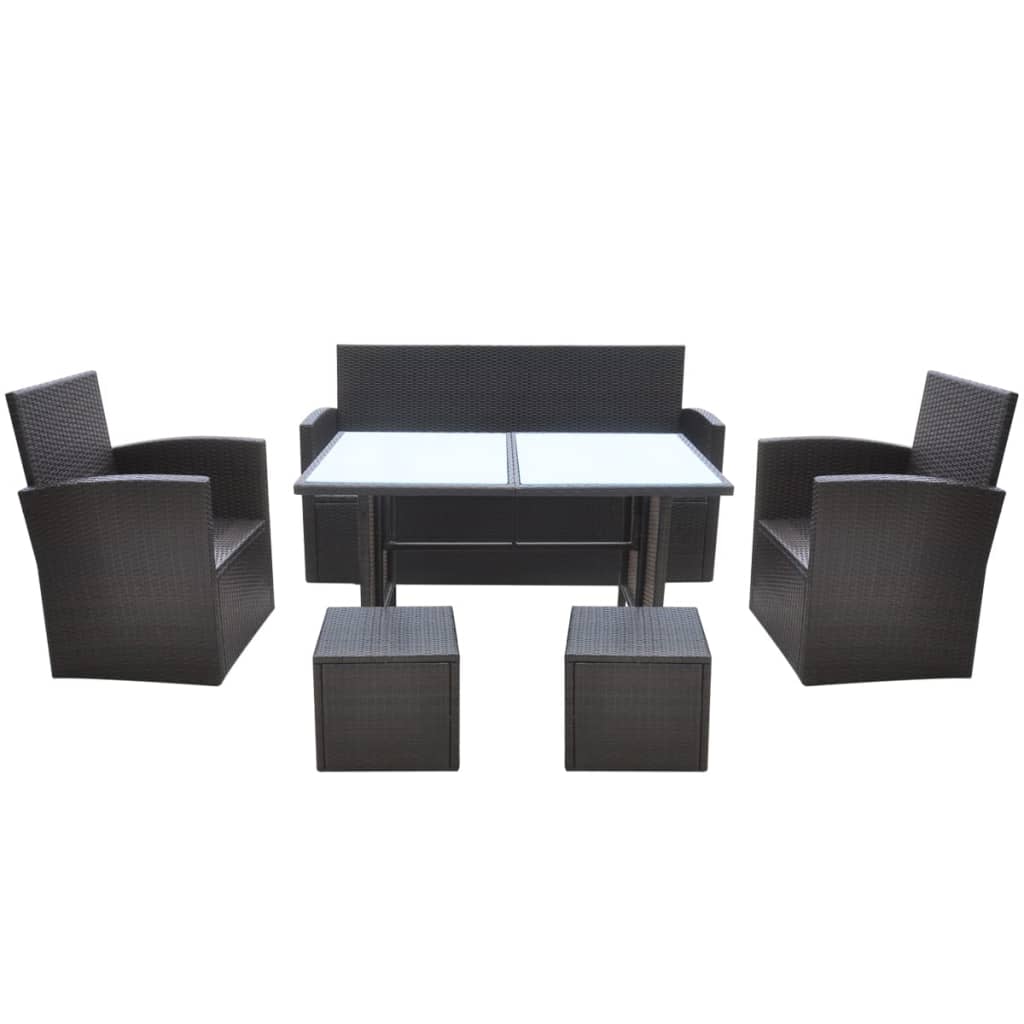 Set da Pranzo da Giardino 6 pz con Cuscini Polyrattan Marrone