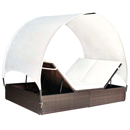Lettino Prendisole Doppio con Baldacchino in Polyrattan Marrone