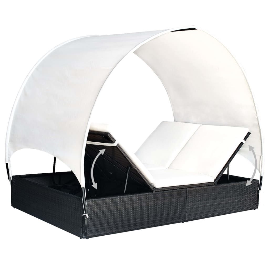 Lettino Prendisole Doppio con Baldacchino in Polyrattan Nero