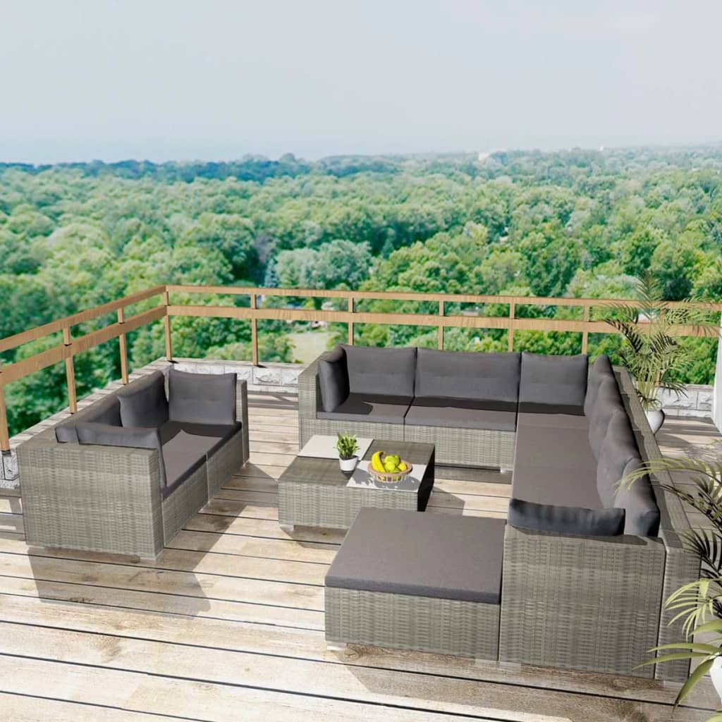 Set Divani da Giardino 10 pz con Cuscini in Polyrattan Grigio