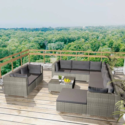 Set Divani da Giardino 10 pz con Cuscini in Polyrattan Grigio