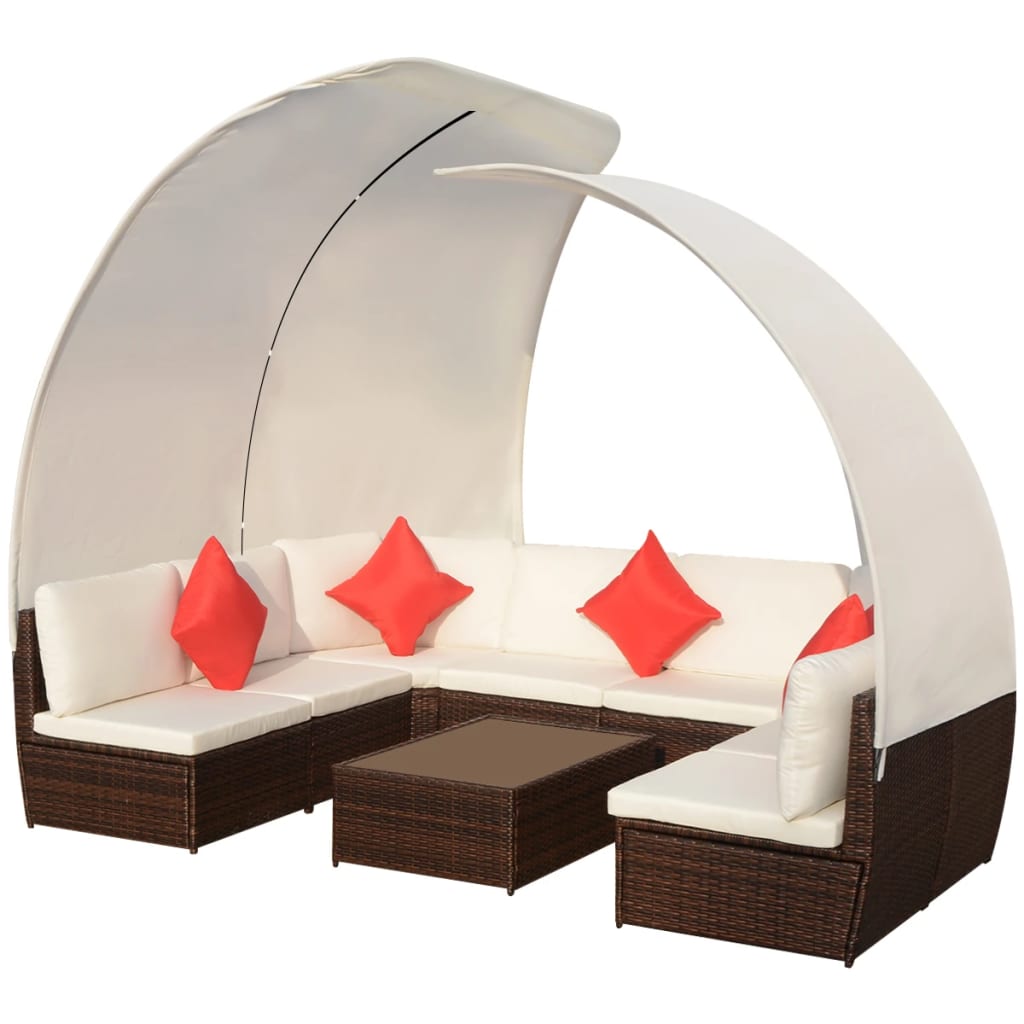Set Divani da Giardino 9 pz con Tettuccio in Polyrattan Marrone