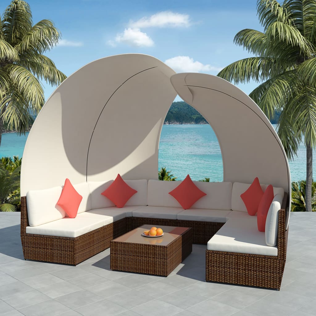 Set Divani da Giardino 9 pz con Tettuccio in Polyrattan Marrone