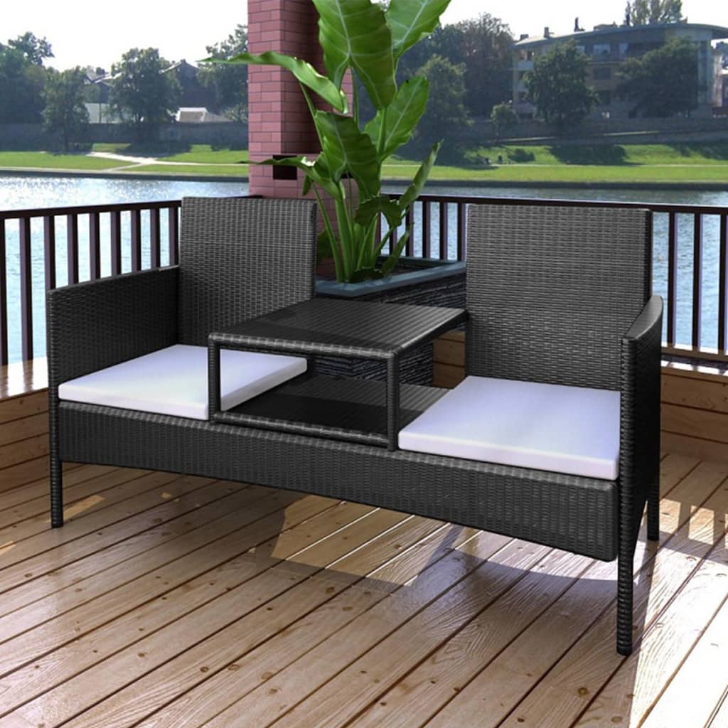 Divano da Giardino a 2 Posti con Tavolino in Polyrattan Nero
