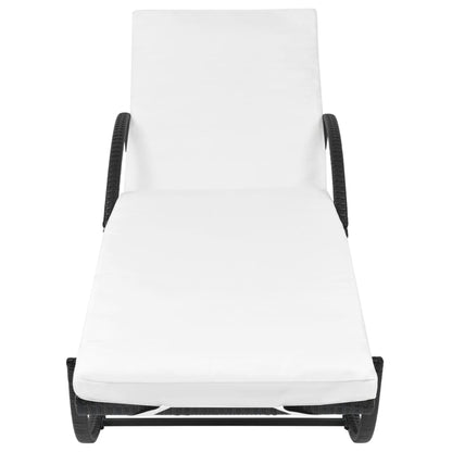 Lettino Prendisole con Cuscino e Tavolo in Polyrattan Nero