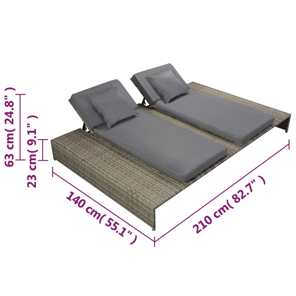 Lettino Prendisole Doppio con Cuscino in Polyrattan Grigio