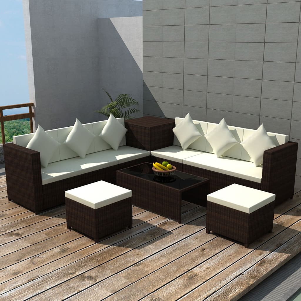 Set Divani da Giardino 8 pz con Cuscini in Polyrattan Marrone