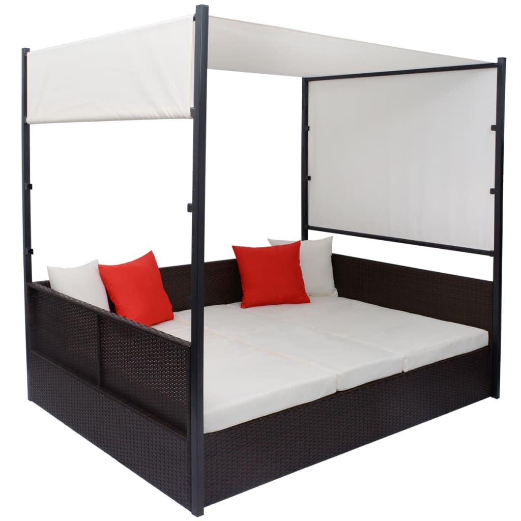 Lettino da Giardino con Tetto Marrone 190x130 cm in Polyrattan
