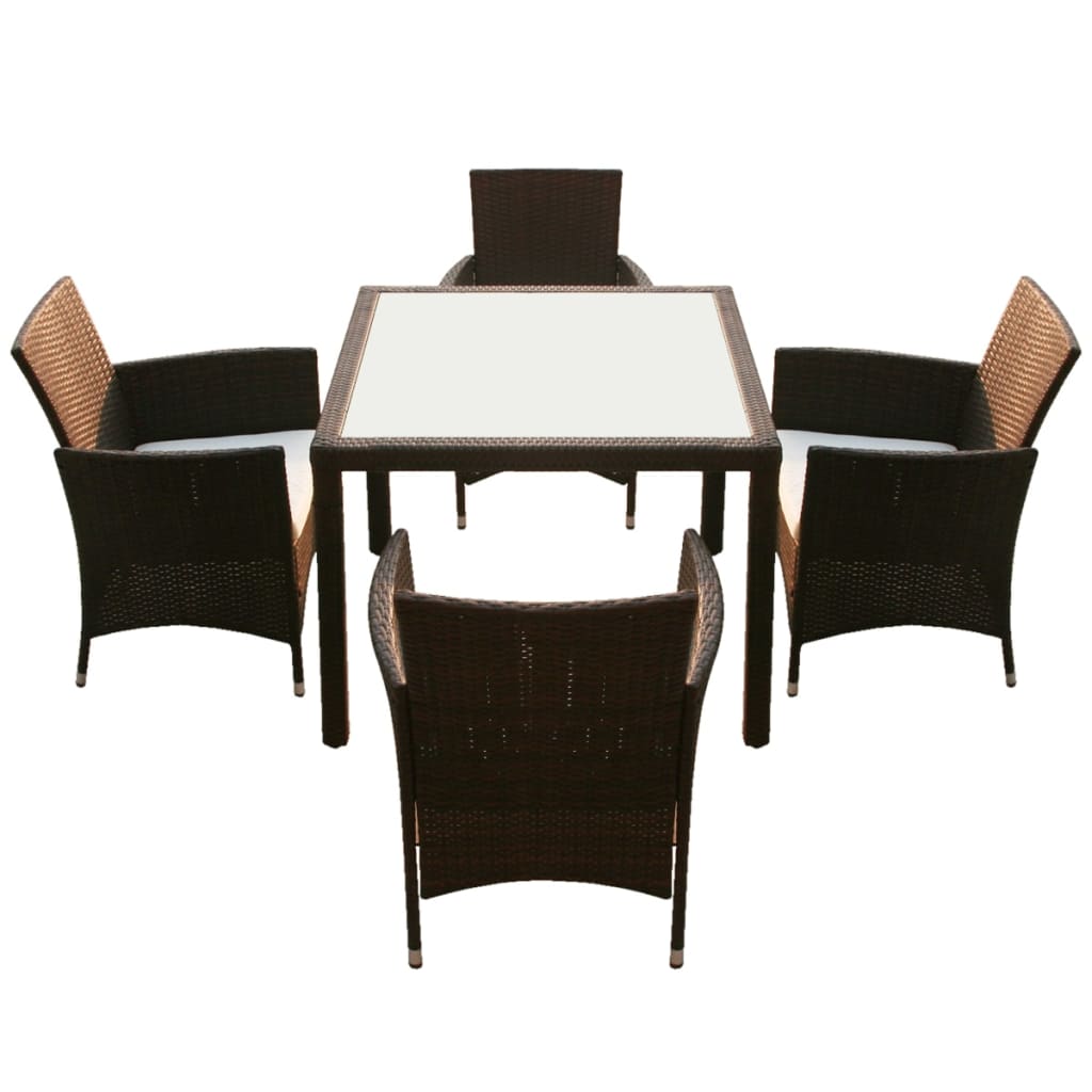 Set da Pranzo da Giardino 5 pz con Cuscini Polyrattan Marrone