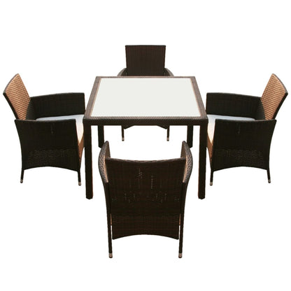 Set da Pranzo da Giardino 5 pz con Cuscini Polyrattan Marrone