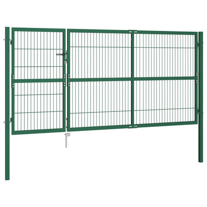 Cancello di Recinzione con Paletti 350x140 cm in Acciaio Verde